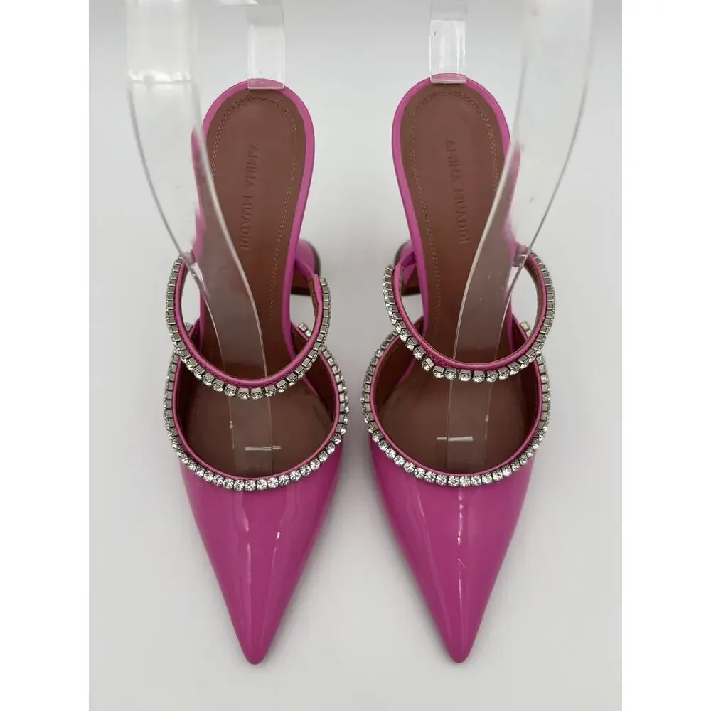 Amina Muaddi Gilda Mules Crystal Pink Patent Leather Size 36.5 / 6.5
